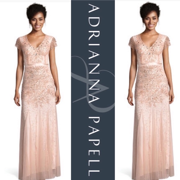 Adrianna Papell beaded cap sleeves V-neck waistband long Dress - Picture 3 of 9